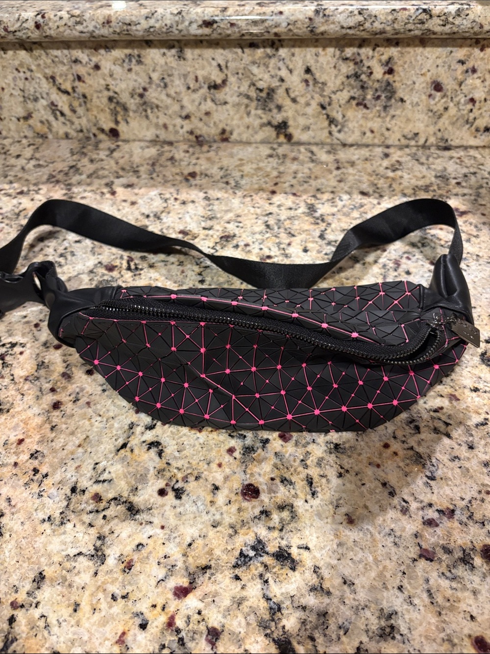 Issey Miyake Black Belt Bag with Pink Geometric Lattice